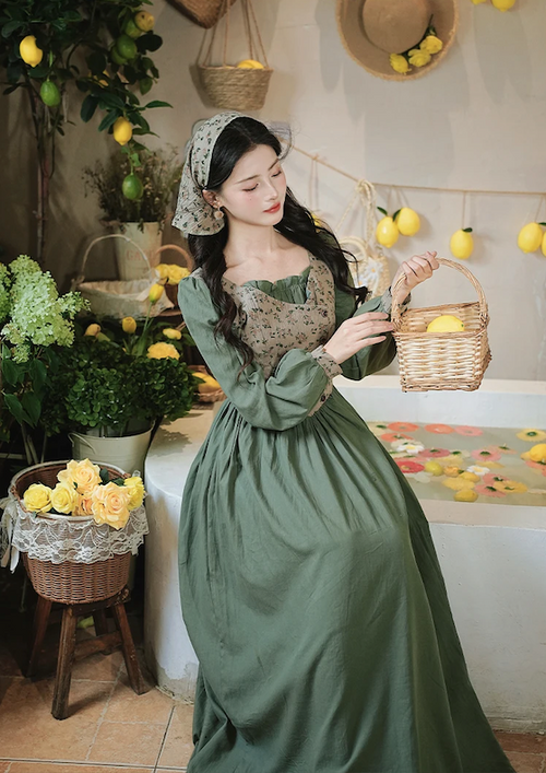 2-Piece Sunflower Garden Cottagecore Dress with Headscarf Set